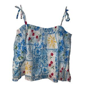 Bila 77 Athens Babydoll Top Womens L White Floral Cherries Crop Boho Cottage